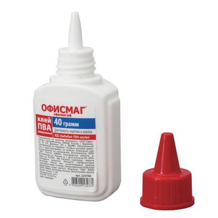 Клей ПВА ОФИСМАГ (бумага, картон, дерево), 40 г, РОССИЯ, 225760 - Клей ПВА