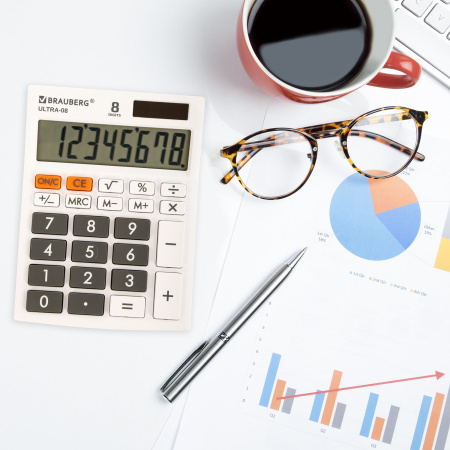 Калькулятор настольный ULTRA-08-WT, размер 154x115 мм, 8 разрядов, двойное питание, БЕЛЫЙ от BRAUBERG - Калькуляторы