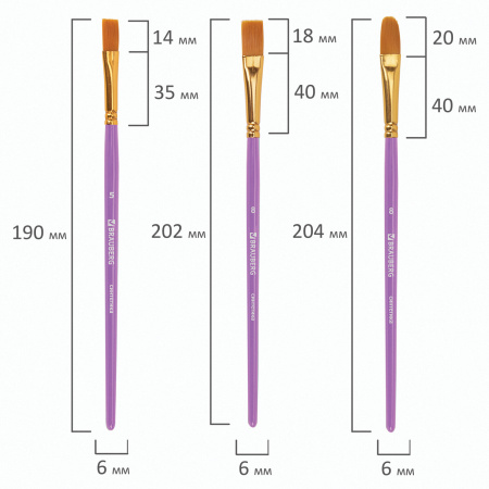 Кисти синтетика BRAUBERG, НАБОР 10 шт., фиолетовые (Круглые; Овальные; Плоские; Лайнеры), 201029 - Кисти для рисования