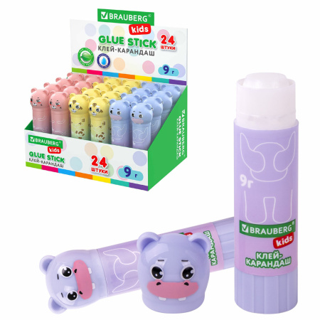 Клей-карандаш "Пастельные зверята: мышка, тигр, бегемот", 9 г, фигурный колпачок, BRAUBERG KIDS, 271140 - Клей-карандаш