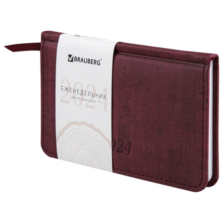Еженедельник датированный 2024 МАЛЫЙ ФОРМАТ А6 95х155 мм, BRAUBERG "Wood", под кожу, бордовый, 115051 - Еженедельники