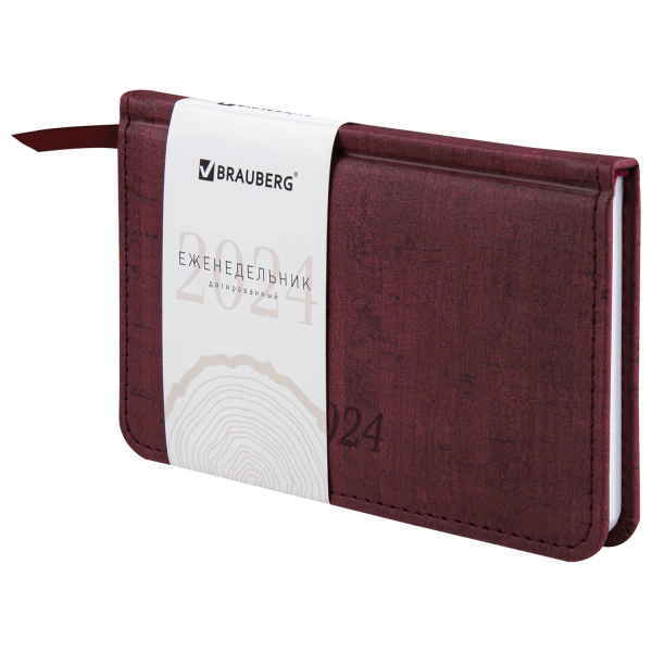 Еженедельник датированный 2024 МАЛЫЙ ФОРМАТ А6 95х155 мм, BRAUBERG "Wood", под кожу, бордовый, 115051 - Еженедельники