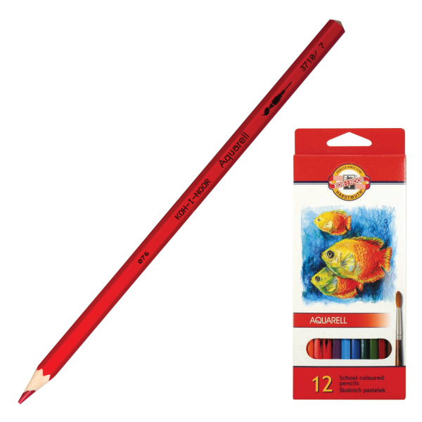 Карандаши цветные акварельные KOH-I-NOOR "Fish", 12 цветов, грифель 3 мм, заточенные, европодвес, 3716012004KS - Карандаши цветные акварельные