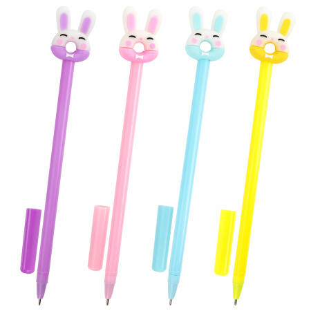 Ручка с топпером шариковая ЮНЛАНДИЯ "Зайка-пончик", корпус ассорти, СИНЯЯ, пишущий узел 0,7 мм, 143802 - Ручки фигурные