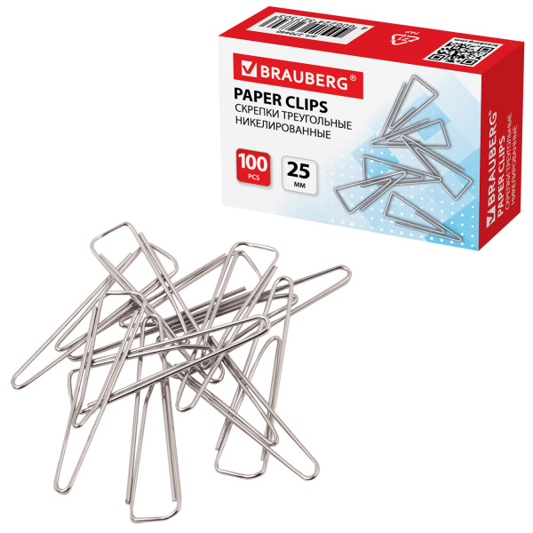 Скрепки BRAUBERG, 25 мм, никелированные, треугольные, 100 шт., в картонной коробке, 270440 - Скрепки канцелярские
