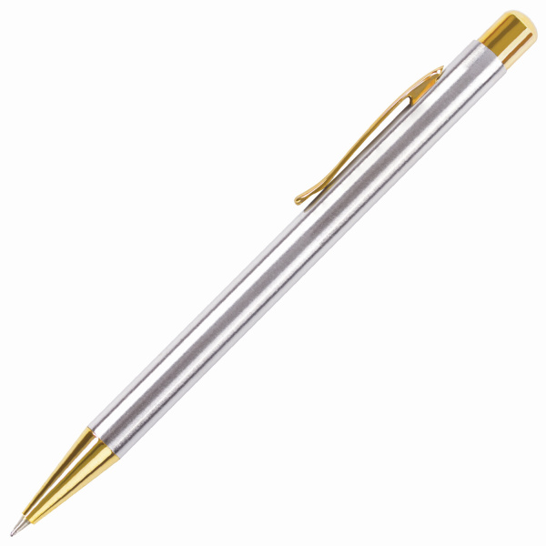 Ручка подарочная шариковая BRAUBERG Piano, СИНЯЯ, корпус серебристый с золотистым, линия письма 0,5 мм, 143472 - Ручки бизнес-класса