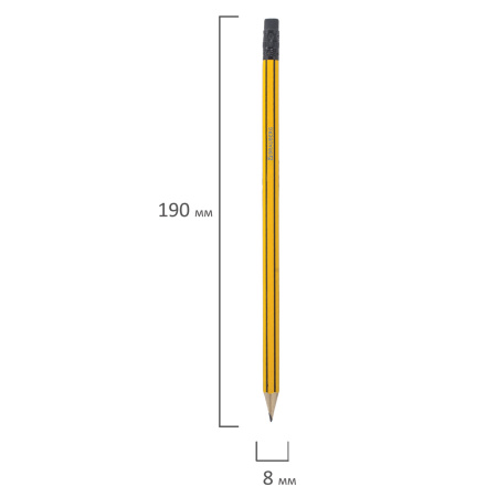 Карандаш чернографитный BRAUBERG, 1 шт., НВ, с ластиком, корпус желтый с черными полосами, заточенный, 180614 - Карандаши чернографитные