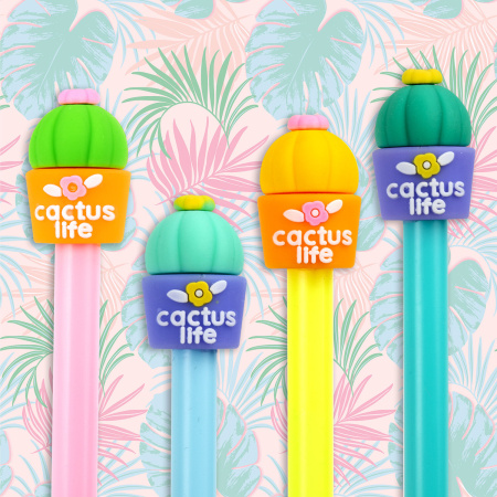 Ручка с топпером шариковая ЮНЛАНДИЯ "Кактус", корпус ассорти, СИНЯЯ, пишущий узел 0,7 мм, 143800 - Ручки фигурные