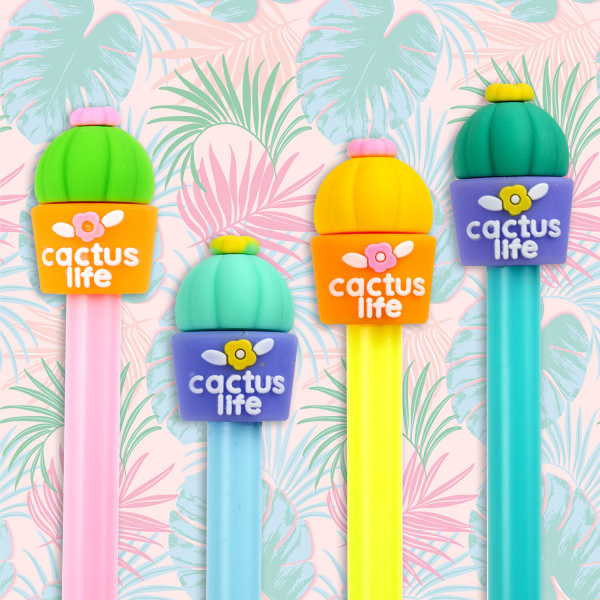 Ручка с топпером шариковая ЮНЛАНДИЯ "Кактус", корпус ассорти, СИНЯЯ, пишущий узел 0,7 мм, 143800 - Ручки фигурные