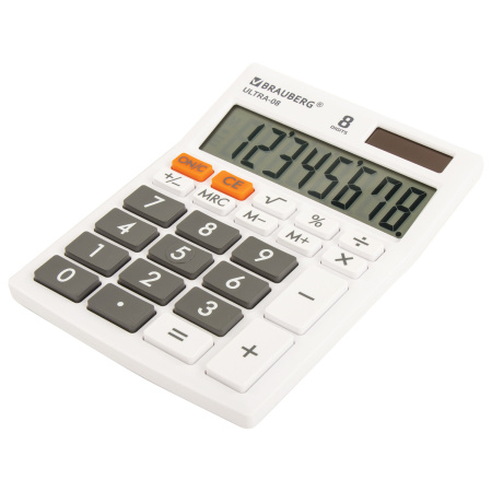 Калькулятор настольный ULTRA-08-WT, размер 154x115 мм, 8 разрядов, двойное питание, БЕЛЫЙ от BRAUBERG - Калькуляторы
