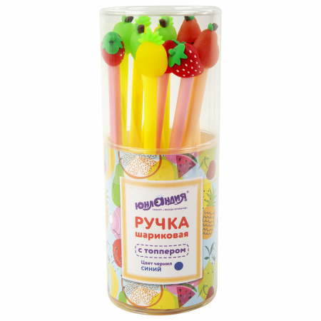 Ручка с топпером шариковая ЮНЛАНДИЯ "Фрукт", корпус ассорти, СИНЯЯ, пишущий узел 0,7 мм, 143810 - Ручки фигурные