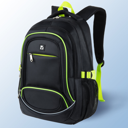 Рюкзак BRAUBERG HIGH SCHOOL универсальный, 3 отделения, "Акцент", черный/салатовый, 46х31х18 см, 270761 - Рюкзаки городские для старшеклассников и студентов