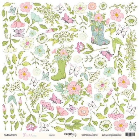 Лист односторонней бумаги для вырезания "Цветы" из коллекции "Purr Purr" 30*30 см от Scrapmir