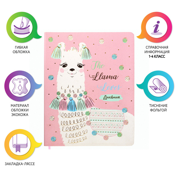 Дневник 1-4 класс 48 л., кожзам (гибкая), печать, фольга, ЮНЛАНДИЯ, "ЛАМА", 105931 - Дневники для младших классов
