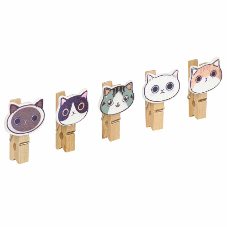 Прищепки декоративные "Котики", 10 штук, 3,5 см, ассорти, со шпагатом, ОСТРОВ СОКРОВИЩ, 662673 - Прищепки для творчества