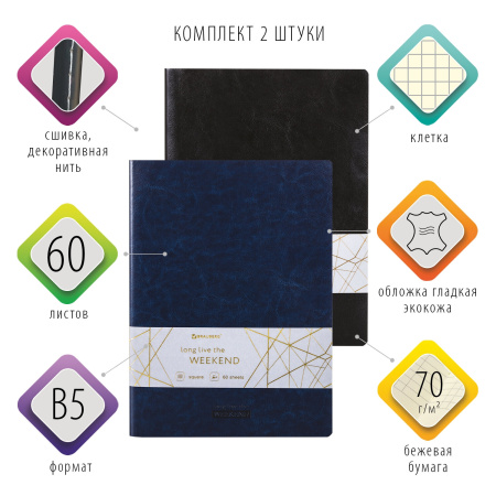 Тетради 60 л. в клетку обложка гладкий кожзам, НАБОР 2 шт., сшивка, B5 (179х250 мм), BRAUBERG VIVA, 403900 - Тетради более 60 листов