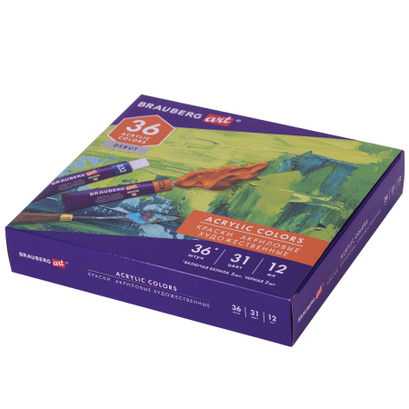 Краски акриловые художественные НАБОР 36 штук, 31 цвет по 12 мл в тубах, BRAUBERG ART DEBUT, 192294 - Акриловые краски художественные в наборах
