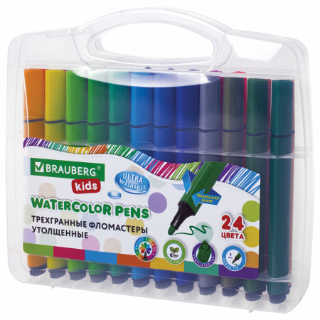 Фломастеры в пластиковом кейсе трехгранные утолщенные УЛЬТРАСМЫВАЕМЫЕ, BRAUBERG KIDS, 24 цвета, 152192 - Фломастеры классические