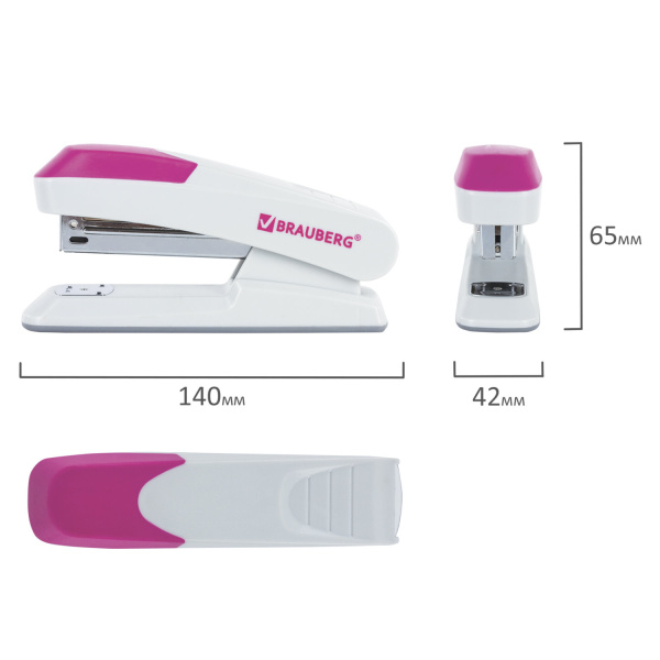 Степлер №24/6, 26/6 BRAUBERG "Delta", до 20 листов, с резиновой накладкой, серый, розовая вставка, 222557 - Степлеры настольные