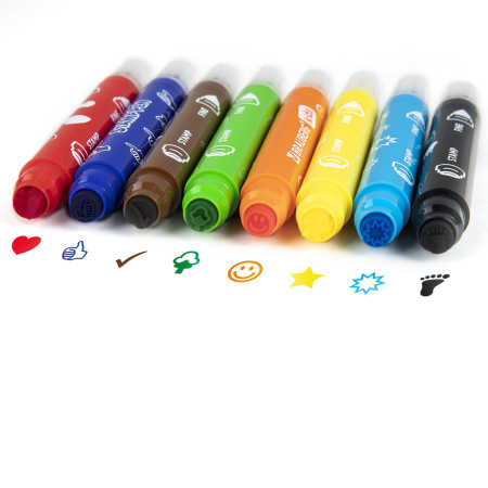 Фломастеры-штампы двусторонние "FUNNY STAMPS", 8 цветов, BRAUBERG KIDS, картонная коробка с европодвесом, 152179 - Фломастеры классические