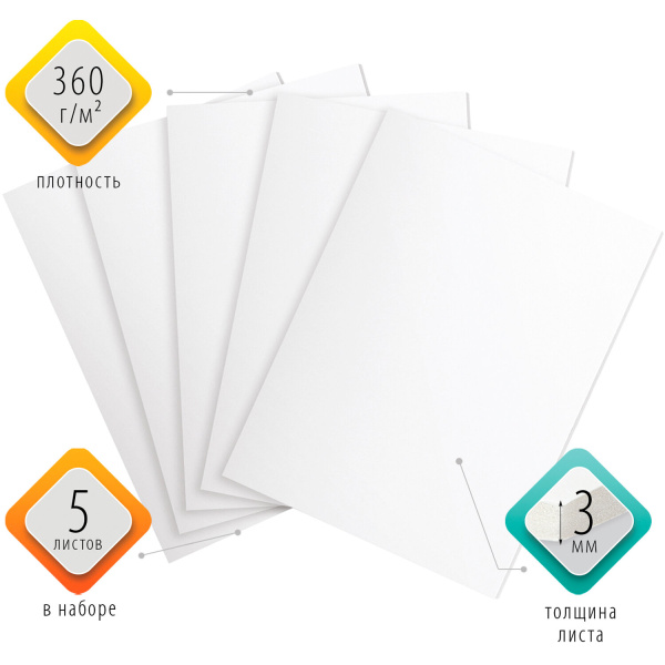 Пенокартон матовый, 50х70 см, толщина 3 мм, белый, КОМПЛЕКТ 5 листов, BRAUBERG, 112470 - Пенокартон