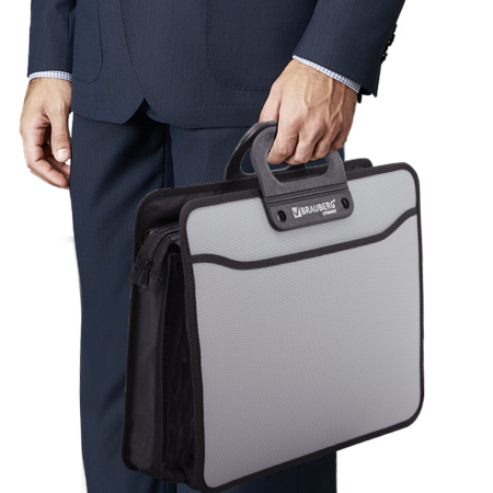 Папка-портфель пластиковая BRAUBERG ПРЕМЬЕР А4 (390х315х120 мм), 3 отделения, фактура "бисер", серая, 223083 - Портфели пластиковые