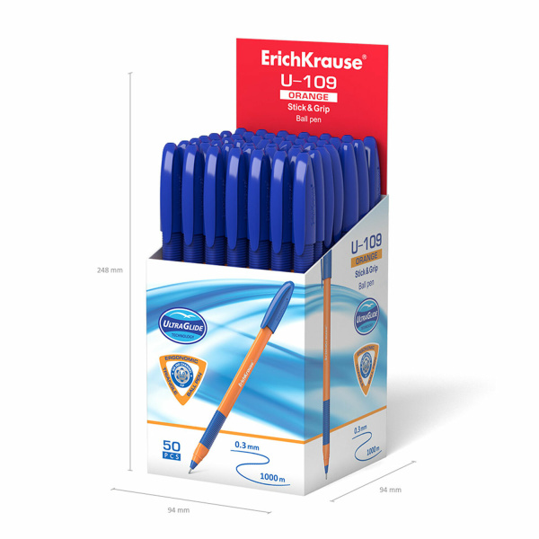 Ручка шариковая масляная с грипом ERICH KRAUSE "U-109 Orange", СИНЯЯ, узел 1,0 мм, линия письма 0,3 мм, 47591 - Ручки шариковые неавтоматические