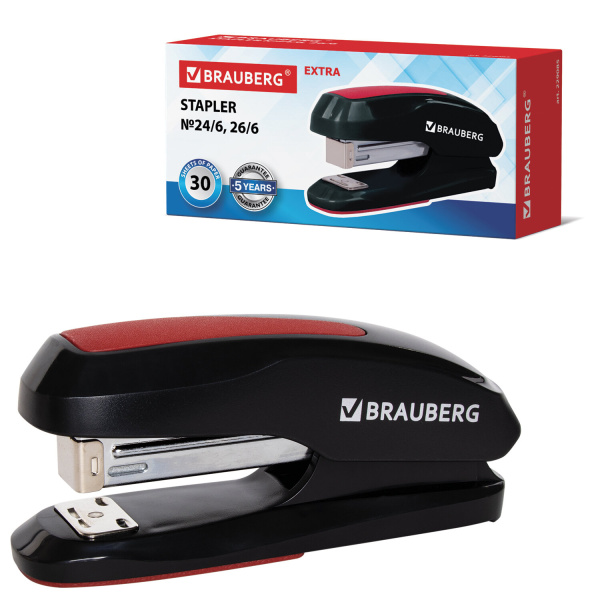 Степлер №24/6, 26/6 BRAUBERG "Extra", до 30 листов, черно-красный, 229085 - Степлеры настольные