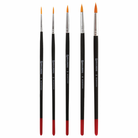 Кисти BRAUBERG, набор 5 шт. (синтетика, круглые № 1, 2, 3, 4, 5), блистер, 200218 - Кисти для рисования