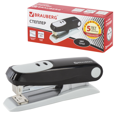 Степлер №24/6, 26/6 BRAUBERG "Germanium", до 20 листов, черный, ГАРАНТИЯ 5 ЛЕТ, 226580 - Степлеры настольные