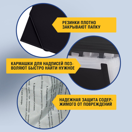 Папка на резинках BRAUBERG "Business", А4, 13 отделений, пластиковый индекс, черная, 0,5 мм, 224147 - Папки пластиковые с отделениями