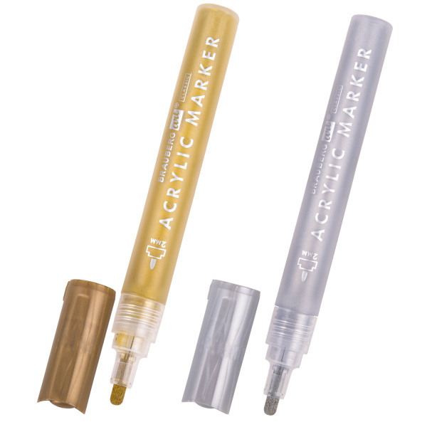 Маркеры акриловые для рисования и хобби BRAUBERG ART CLASSIC, НАБОР 2 цв., ЗОЛОТО/СЕРЕБРО, 2 мм, 152149 - Маркеры для хобби
