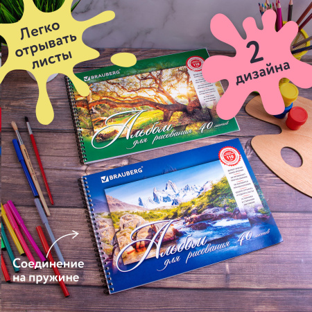 Альбомы для рисования А4 40 л., КОМПЛЕКТ 2 шт., гребень, обложка картон, BRAUBERG, 205х290 мм, "Природа" (2 вида), 880031 - Альбомы и папки для рисования
