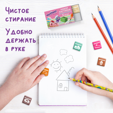 Набор ластиков ЮНЛАНДИЯ "СЛАДКИЕ ИСТОРИИ" 6 шт., размер 21х21х16 мм, ароматизированные, 229584, - Ластики классические