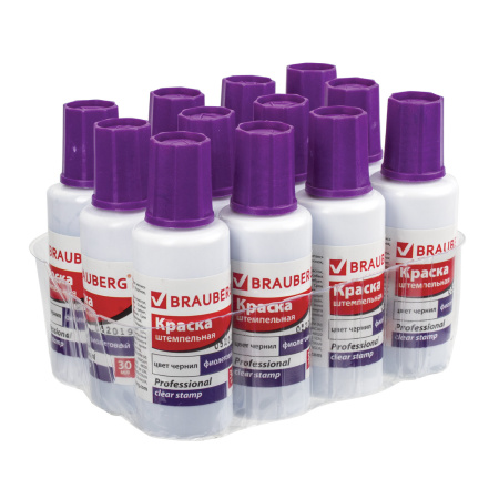 Краска штемпельная BRAUBERG PROFESSIONAL, clear stamp, фиолетовая, 30 мл, на водной основе, 227982 - Штемпельная краска