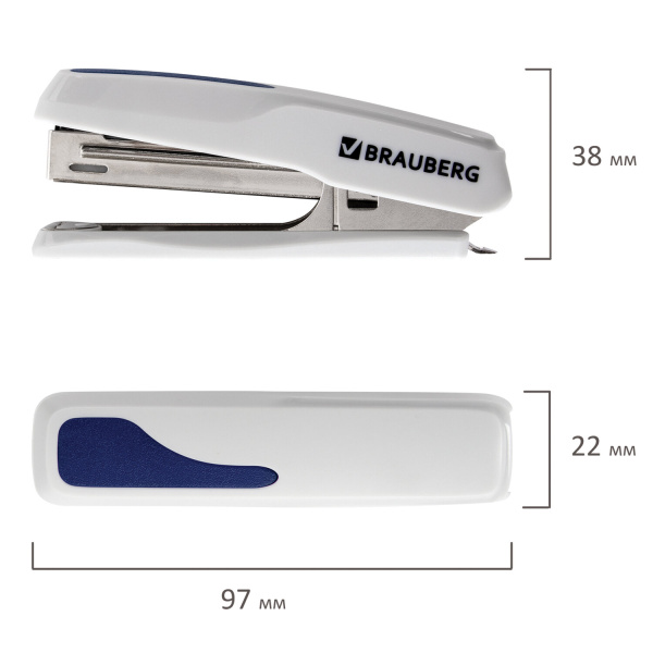 Степлер №10 BRAUBERG "Extra", до 20 листов, антистеплер, серо-синий, 229081 - Степлеры настольные