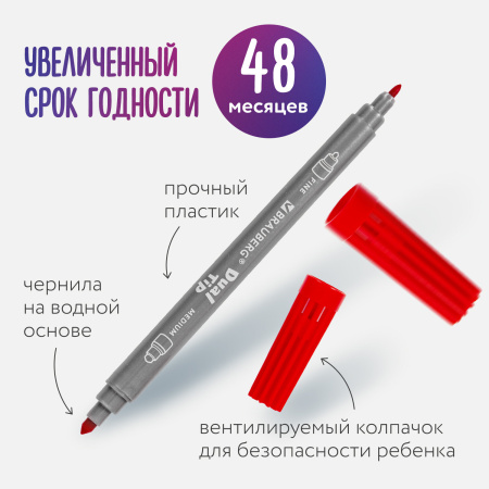 Фломастеры двусторонние BRAUBERG "PREMIUM" "DUAL-TIP", 10 шт., 10 цветов, два наконечника, картонная коробка с европодвесом, 151946 - Фломастеры классические