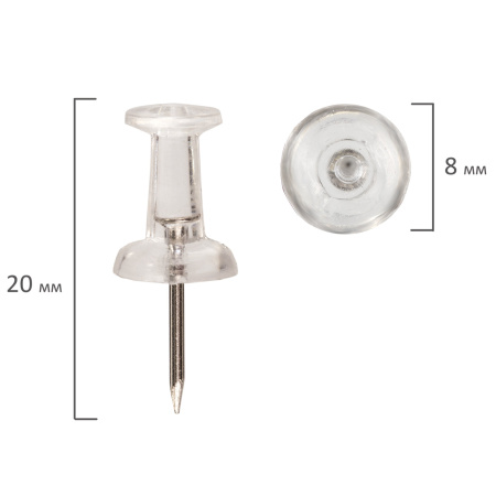 Силовые кнопки-гвоздики прозрачные STAFF 50 штук, в картонной коробке, 227804 - Кнопки канцелярские