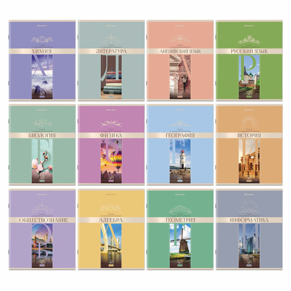 Тетради предметные, КОМПЛЕКТ 12 ПРЕДМЕТОВ, "DELIGHT", 48 л., обложка картон, BRAUBERG, 404606 - Тетради предметные