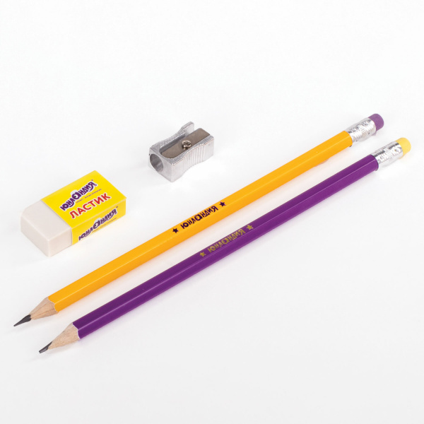 Набор ЮНЛАНДИЯ "Школьный", 2 карандаша чернографитных, резинка стирательная, точилка, блистер, 181593 - Наборы письменных принадлежностей