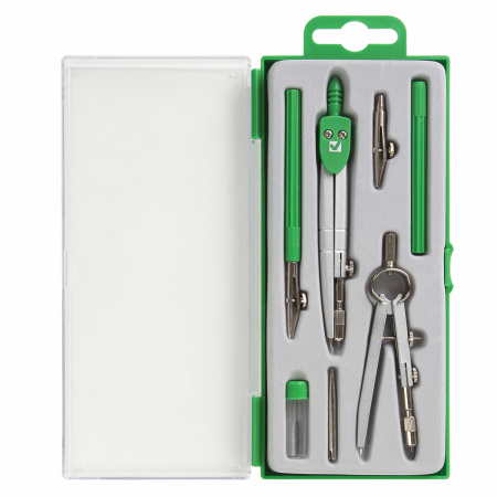 Готовальня BRAUBERG "Klasse", 7 предметов: циркуль+кронциркуль, рейсфедер + держатель, 2 вставки, грифель, 210344 - Циркули и готовальни