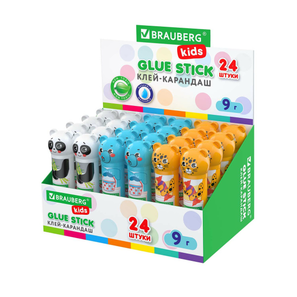 Клей-карандаш "Зверята: панда, слон, леопард", 9 г, фигурный колпачок, BRAUBERG KIDS, 271139 - Клей-карандаш