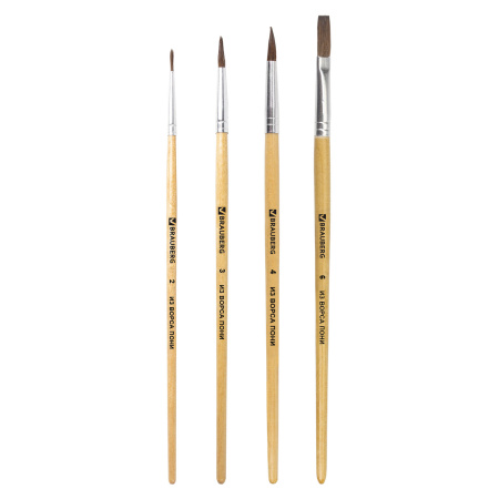 Кисти BRAUBERG, набор 4 шт. (пони, круглые № 2, 3, 4, плоская № 6), блистер, 200221 - Кисти для рисования
