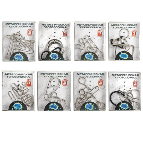 Головоломка металлическая большая ЗОЛОТАЯ СКАЗКА, 24 вида, в дисплее, разные уровни сложности, 664924 - Игрушки развивающие