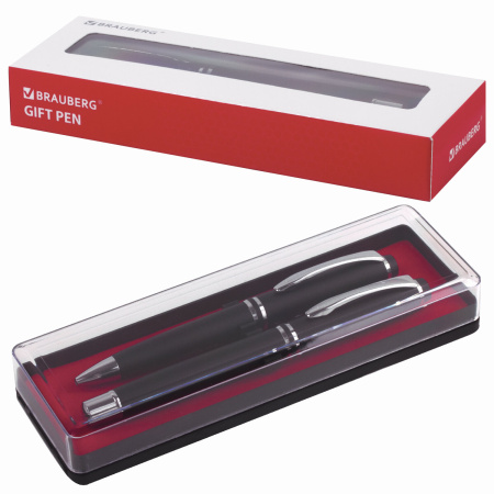 Набор ручек подарочных BRAUBERG Duetto, СИНИЕ, 2 шт: шариковая, перьевая, черный с хромированными деталями, 143478 - Ручки бизнес-класса