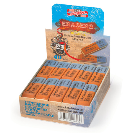 Ластик KOH-I-NOOR 6521/40, 57x19,5x8 мм, красно-синий, прямоугольный, скошенные края, натуральный каучук, 6521040021KDRU - Ластики классические