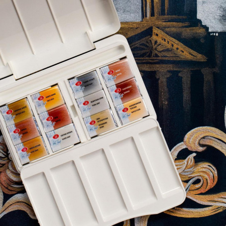 Набор акварели Белые Ночи Металлики и пастельные цвета, 12 кювет по 2,5 мл, пластиковый пенал - Акварель художественная в наборах