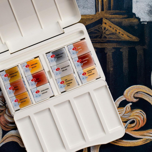 Набор акварели Белые Ночи Металлики и пастельные цвета, 12 кювет по 2,5 мл, пластиковый пенал - Акварель художественная в наборах