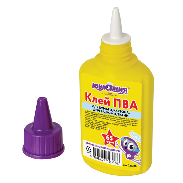 Клей ПВА ЮНЛАНДИЯ (бумага, картон, дерево), 65 г, 227380 - Клей ПВА