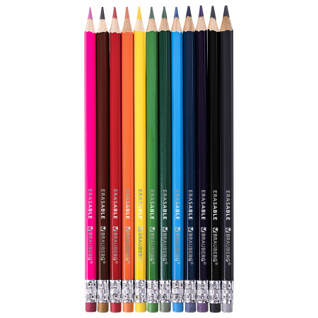 Карандаши цветные стираемые с ластиком BRAUBERG ERASABLE, 12 цветов, мягкий грифель 3 мм, 181932 - Карандаши цветные